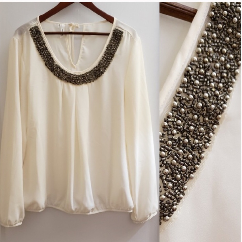 Studio Y | White Top w/ Beaded neck line